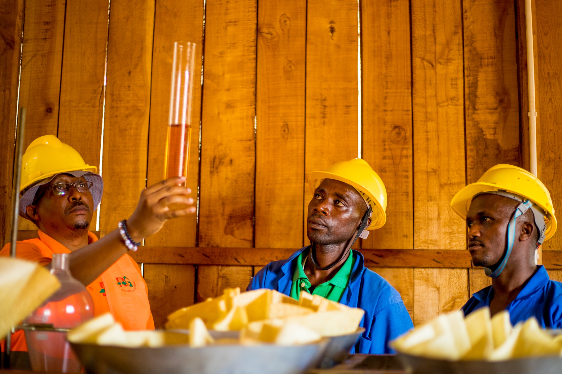 Rugofarm team inspecting a cylinder of freshly distilled amber patchouli essential oil