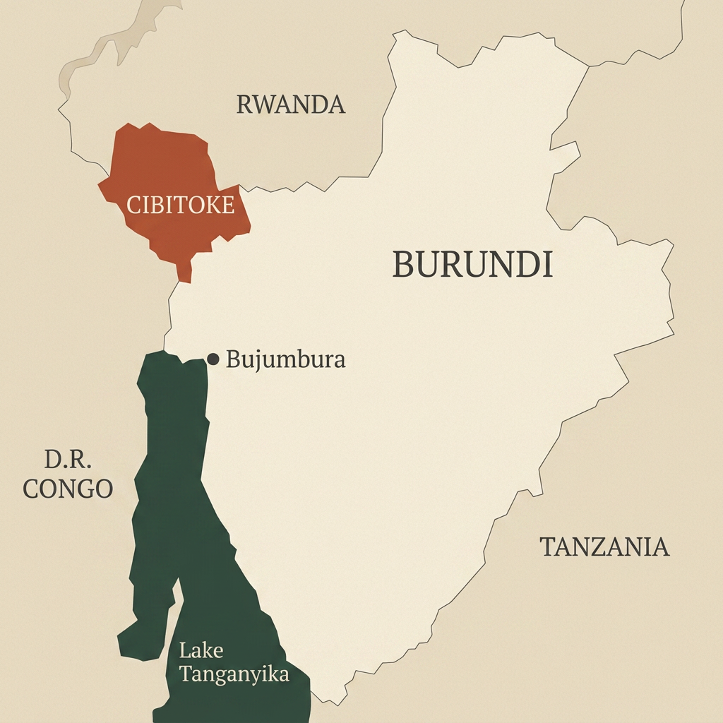 Map of Burundi highlighting Cibitoke province in the north-west, along Lake Tanganyika