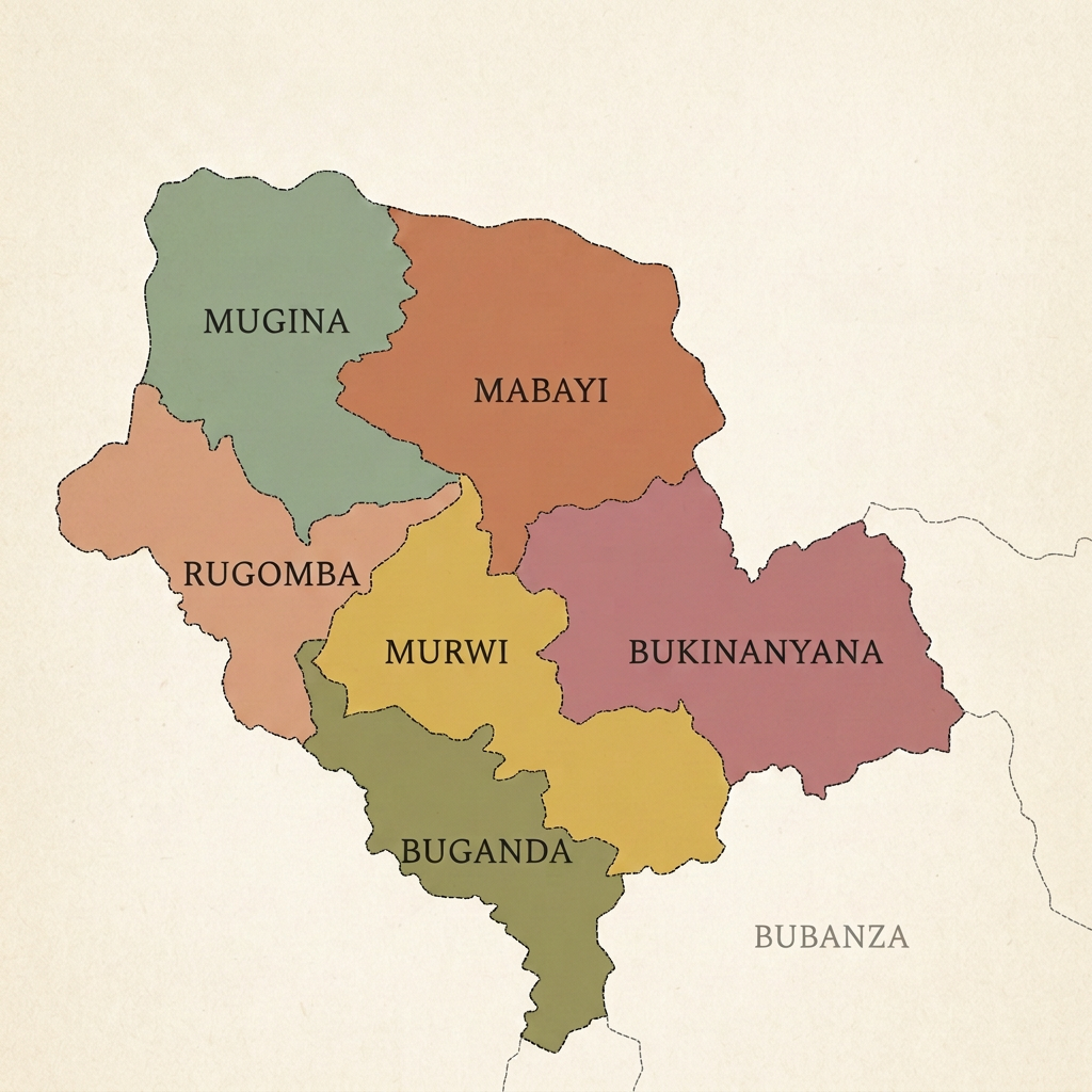 Map of Cibitoke province in Burundi showing its communes: Mugina, Mabayi, Rugombo, Murwi, Bukinanyana, and Buganda